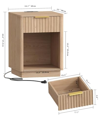 Akxomel Fluted Nightstand Bedside Table with Charging Station - Natural Oak