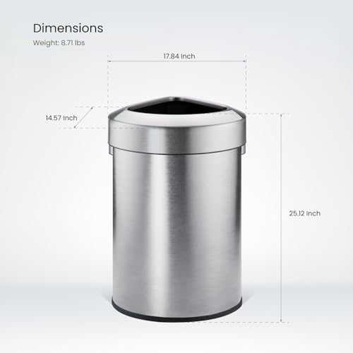 Commercial 16-Gallon Stainless Steel Trash Can with Open Top Lid - Brushed Silver, Triangular