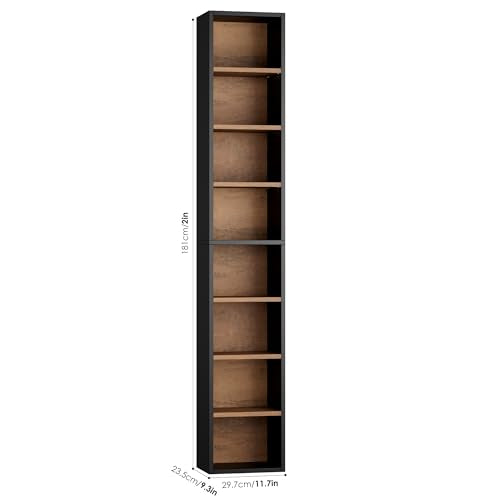 Black/Brown 8-Tier Narrow Bookshelf Tall CD Media Tower Rack - Adjustable Shelves