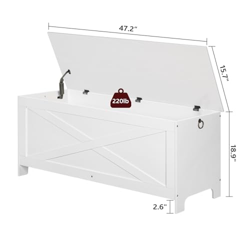 White Storage Chest Bench with Lid, Safety Hinges, 47.2 Inch