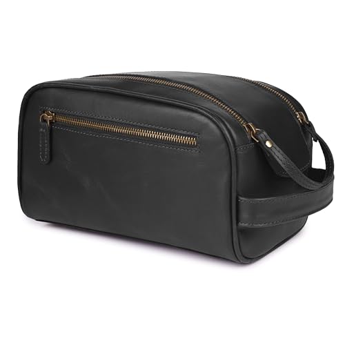 Leather & Latch Full Grain Leather Toiletry Bag Black Water-Resistant Travel Organizer