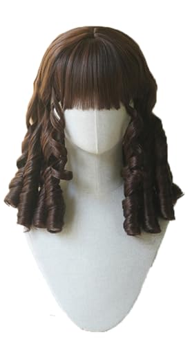 Vintage Lolita Costume Wig with Bangs & Spiral Curls - Deep Brown