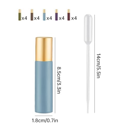 Tomorotec 10ml Colorful Essential Oil Roller Bottles with Stainless Steel Balls 20-Pack, Ultra Thick Roller Bottle for Oil with Droppers (5 Colors)