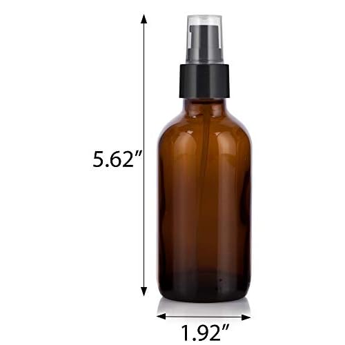 JUVITUS 4 oz Amber Glass Boston Round Bottle with Black Treatment Pump (6 pack) + Funnel
