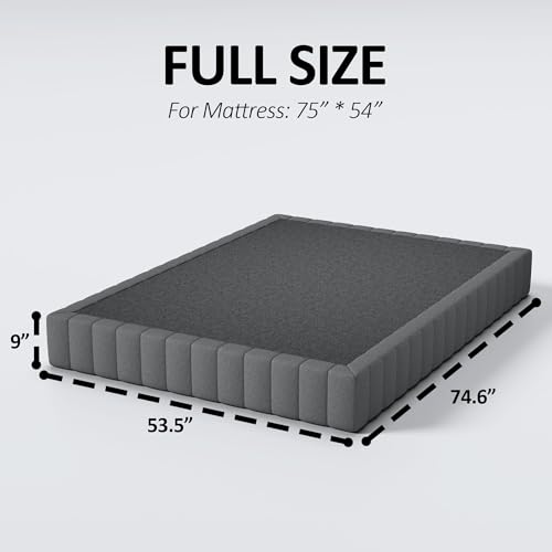 Full Size Metal Box Spring with Upholstered Fabric Cover - 9 Inch High Profile, Heavy Duty Bed Foundation, Black, Non Slip, Easy Assembly