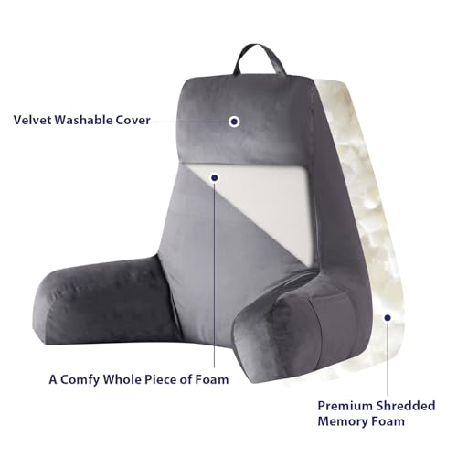 IPYNBAP Reading Pillow for Bed - 24 Inch Grey Backrest Support with Arms & Storage - Large