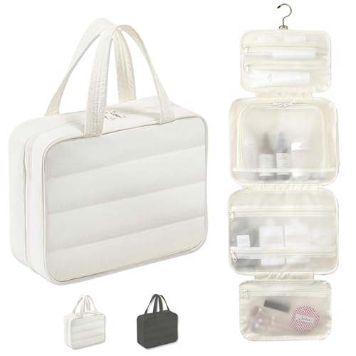 Hanging Toiletry Bag for Women, Large Capacity Travel Makeup Organizer with Hook, Waterproof Cosmetic Bag with Translucent TPU Compartments for Bathroom, Gym, Camping (Beige)