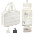 Hanging Toiletry Bag for Women, Large Capacity Travel Makeup Organizer with Hook, Waterproof Cosmetic Bag with Translucent TPU Compartments for Bathroom, Gym, Camping (Beige)