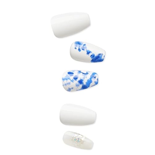 KISS Impress No Glue Mani 30 Pcs Press on Nails, White Nails with Glitter, Blue Tie-Dye Design, Medium Size, Coffin Shape Simple Peel & Press Easy Apply, Hassle-Free Removal, Essential Tools Included