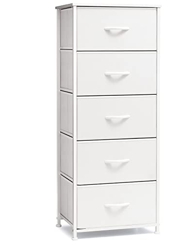 White Tall Fabric Storage Tower Organizer with 5 Drawers - Narrow Vertical Dresser