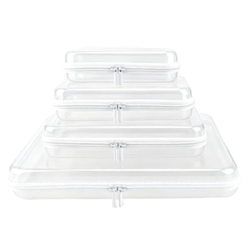 Clear Hard Shell Zipper Makeup & Toiletry Organizer Case Set White XL+L+M+S