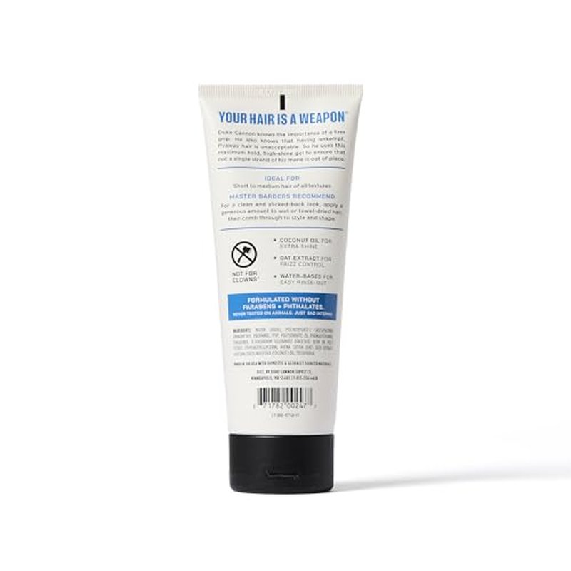 Duke Cannon Firm Grip Hair Gel, 7 oz ? Maximum Hold, High Shine, Alcohol-Free, Water-Based Formula with Coconut Oil & Oat Extract, Ideal for Short to Medium Styles