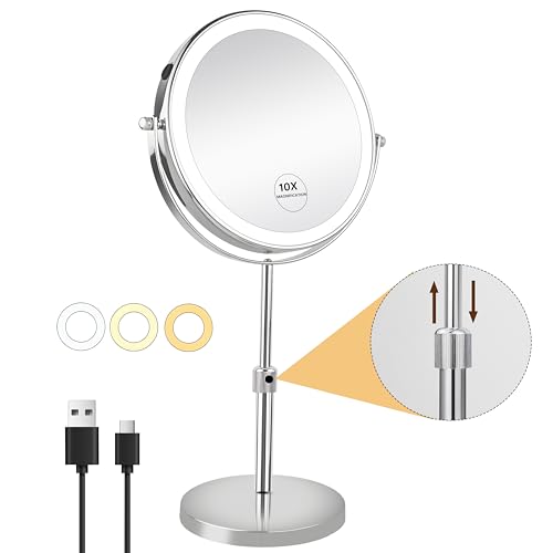 JANEEVA 10X Lighted Makeup Mirror with 3 Lighting Modes, 8" Dimmable Lights Height Adjustable Vanity Mirror with Lights, Rechargeable Double Sided 1X 10X Magnifying Mirror, 360¡ÆRotation,Chrome