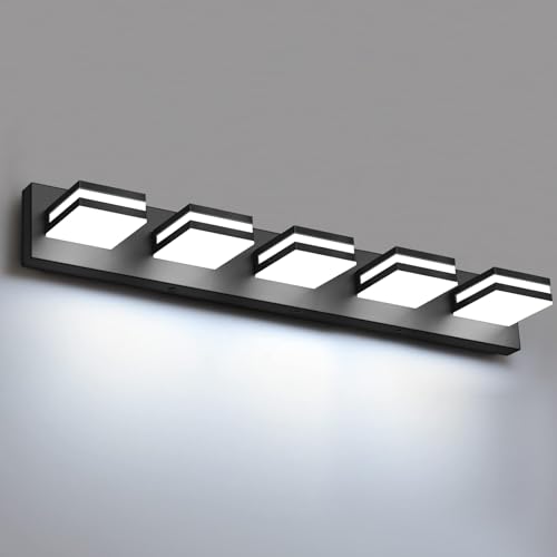 Black 5-Light Dimmable Bathroom Vanity Light Fixture - 360° Rotatable, Matte Black Acrylic Wall Sconce, Over Mirror LED Lighting - 30 Inch