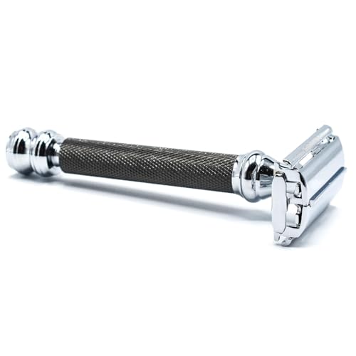 Double Edge Safety Razor with Gunmetal Finish & Long Handle – Wet Shaving Tool