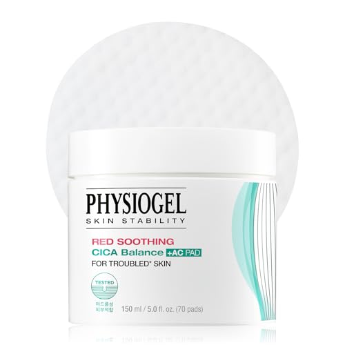 Physiogel Red Soothing Cica Balance Calming Toner Pad for Men & Women, Gentle Exfoliating & Skin Soothing, Cica, BHA Salicylic Acid, Niacinamide, For Sensitive & Acne Prone Skin - 70pcs