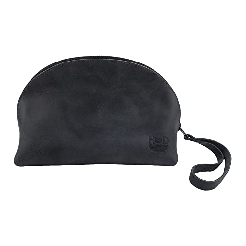 Hide & Drink Charcoal Black Leather Travel Makeup Organizer with Hand Strap