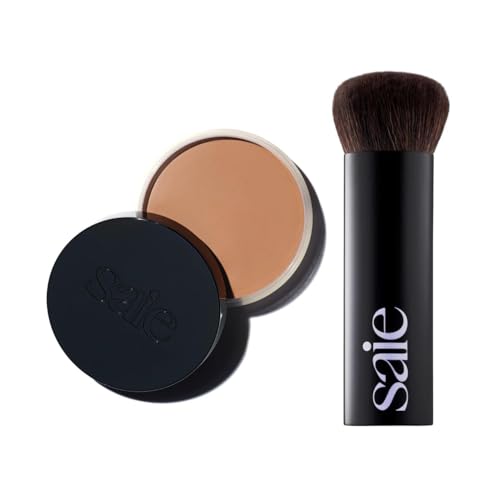 Saie Sun Melt Duo - The Big Brush - Soft, Multi-Use Liquid + Cream Makeup Brush With Synthetic Bristles Bundled With Sun Melt Bronzer in Light Bronze - Buildable Cream Contour, Velvet Finish (1 oz)