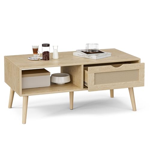 Oak Rattan Coffee Table with Drawer - Boho Natural Finish, Rustic Style