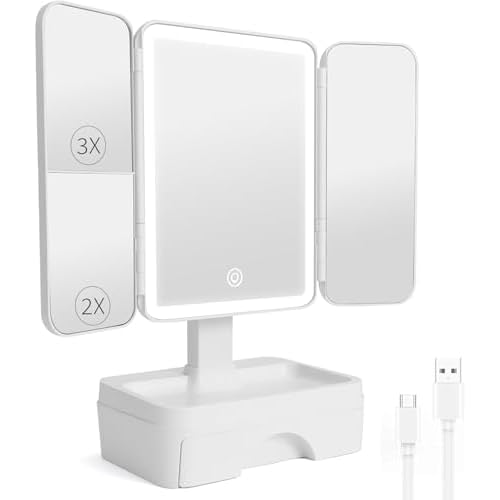 Tri fold Makeup Mirror with Lights,Storage,Magnification,Lighted Makeup Mirror with Storage,Vanity Mirror with Lights, Small Vanity Mirror
