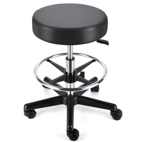 JMU Rolling Stool Heavy Duty 400lb with Footrest,PVC Leather Large Seat,Swivel Rolling Adjustable Height for Salon Spa Work Office Clinic Dentist Dentists Healthcare, Black