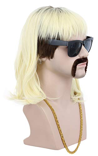 Men's Long Curly Blonde Rocker Mullet Wig with Mustache and Accessories