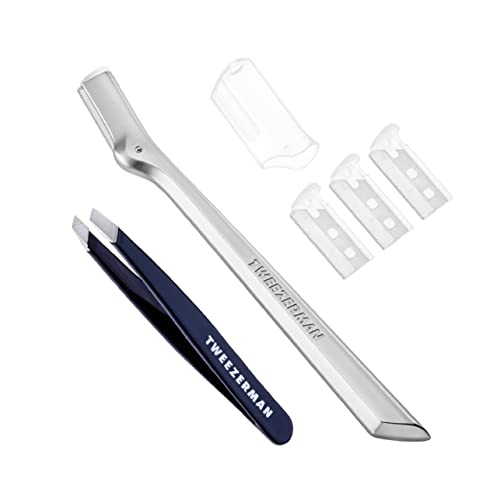Tweezerman Blue Eyebrow Razor & Mini Slant Tweezer Set - Professional Grooming Tools