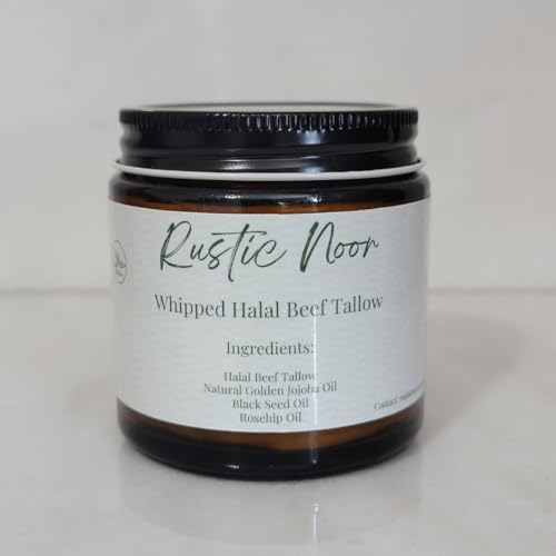 Rustic Noor - 100% Halal Beef Tallow Cream for Skin, Face, & Body. Whipped Moisturizer - 4oz Jar (Handmade in Upstate NY) (Jojoba, Black Seed Oil, & Rosehip)