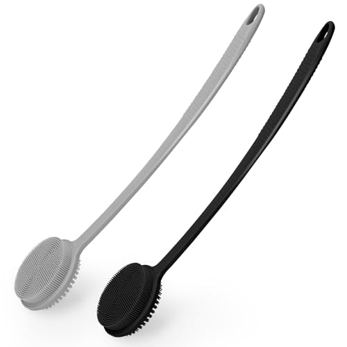 Silicone Back Scrubber with Long Handle - Double-Sided Shower Brush for Exfoliation and Massage - 17 Inch, Black & Gray Variation