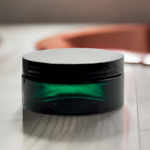 JUVITUS (12 Pack) 8 oz Green PET Plastic Low Profile Jar with Black Smooth Lid
