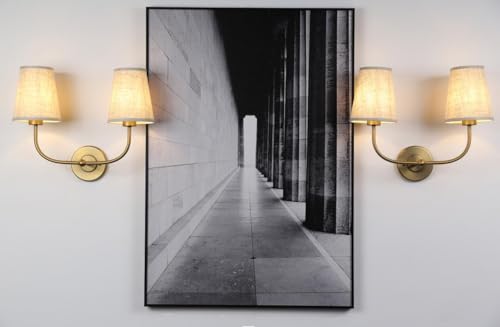 Brass Gold Double Wall Sconce with Linen Beige Fabric Shades - 2 Light Vintage Fixture - Hardwired with Variation Brass Gold / 1 Pack-2 Light-Hardwired
