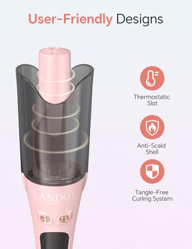 LANDOT Pink Automatic Rotating Curling Iron 1 Inch - Dual Voltage Hair Curler
