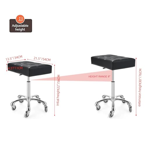 Heavy Duty Adjustable Rolling Lab Stool with Wheels - Black, 21 Inch Wide Seat