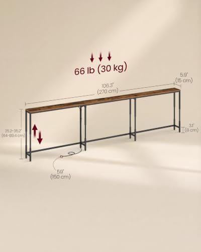 Adjustable Console Table 106.3 Inch with Power Outlet - Rustic Brown + Matte Black Variation