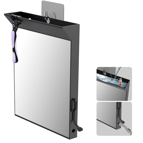 Wall Mount Anti Fog Mirror for Shower,Large Black Mirror for Bathroom,Hot Water Powered Defogging Shower Mirrors for Shaving for Women Makeup,Heated Makeup Mirror Hanging with Hook