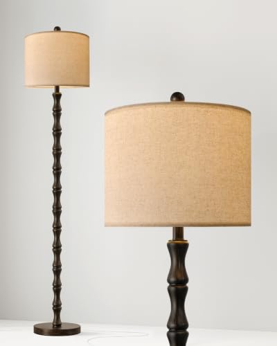 FOFOMOMO 62" Dark Brown Farmhouse Floor Lamp with Linen Shade & Rotary Switch