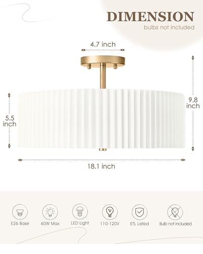 18-Inch Gold Semi Flush Mount Ceiling Light with Pleated Fabric Shade - Audickic