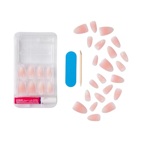 KISS Voguish Fantasy Holiday Press On Nails Almond, ¡®Sleigh All¡¯, Nude, Medium Length, No Damage To Natural Nails, Pink Gel Nail Glue (2g), Mini Nail File, Manicure Stick, & 28 Fake Nails
