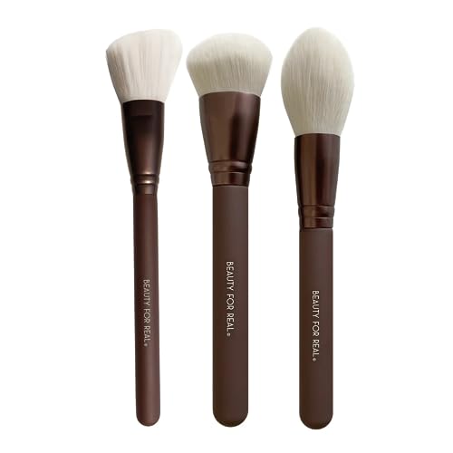 Beauty For Real Essential Pro Complexion Brush Set - Includes 3 Brushes: Blush/Contour, Complexion & Powder - Vegan & Cruelty Free