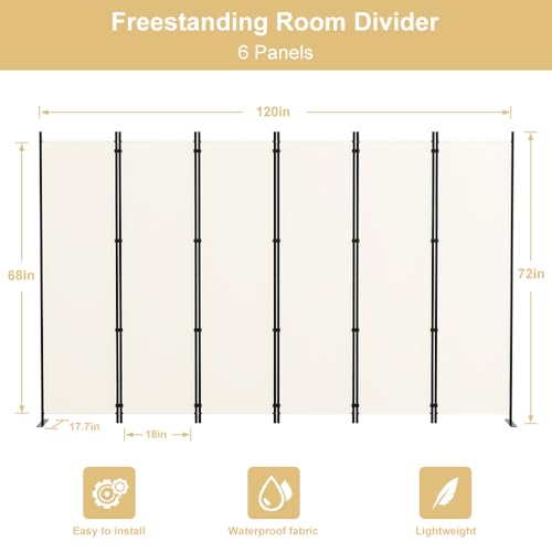 6 Panel Room Divider - Freestanding Privacy Screen Wall, Beige, 120 W x 72 H - Variation of 6 Panel-120 W
