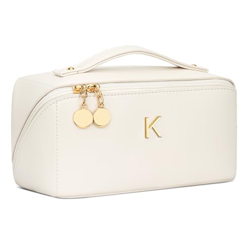 Gifts for Women Bridesmaid Gifts Personalized Initial Makeup Bag PU Leather Cosmetic Waterproof Travel Toiletry Bag (Medium)