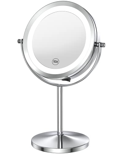 Silver 10X Magnifying LED Makeup Mirror - 7-Inch Double Sided Standing Vanity Mirror