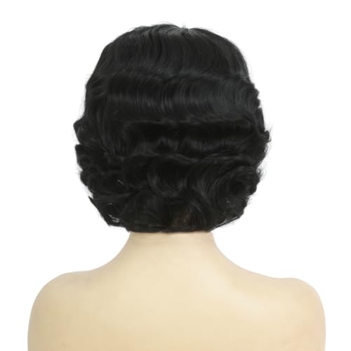 Kaneles Short Black Finger Wave Wig for Women 1920s Style, Heat-Resistant Synthetic Hair, Vintage Cosplay & Daily Wear