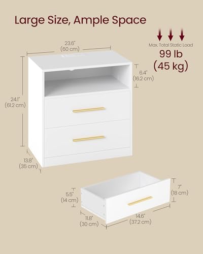 VASAGLE Nightstand with LED Lights & Charging Station - Cloud White, 2 Drawers