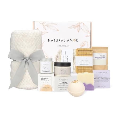 Natural Amor 8-Piece Spa Gift Set with Blanket ? Self-Care Box with Lavender Body Butter, Soap, Candle ? Blanket with Grey Ribbon Gift for Women, Birthday, Holiday