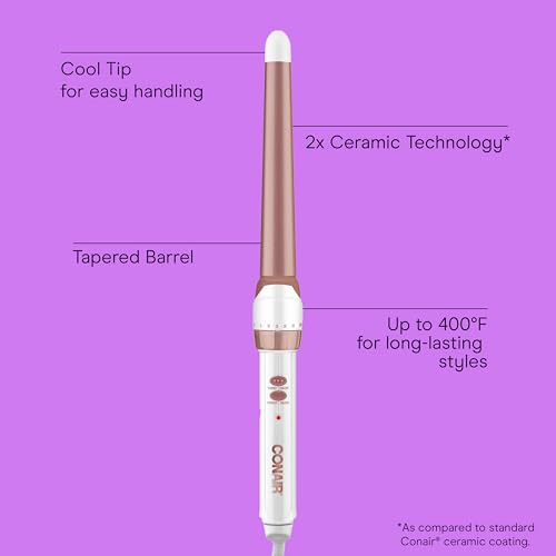 Conair Double Ceramic Tapered Curling Wand, Hair Wand Tapers 1¨ù Inch to ¨ú Inch to Produce Beachy Waves, 30 Heat Settings, For All Hair Types and Textures, White