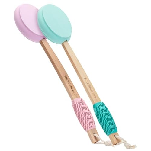 Slick- Lotion Applicator, 17 Inch, 2 Pack, Green and Pink, Back Applicator Lotion, Certified Organic, Easy Reach Washable, Self Tanner for All Skin Tone