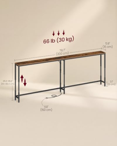 VASAGLE Rustic Brown & Matte Black 78.7-Inch Adjustable Console Table with Power Outlet, 5.9