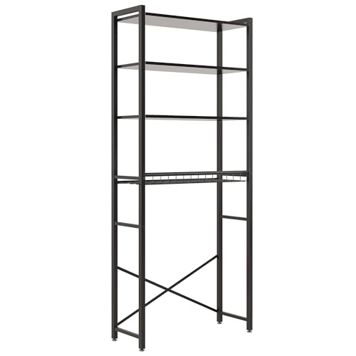 Over-the-Toilet Storage Rack with Wooden Shelves & Open Basket - Black, 24.4x9.4x69.3 Inches - Tujurich