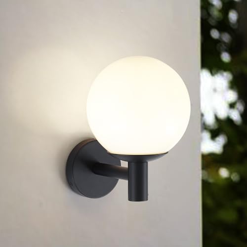 Outdoor Globe Wall Light Fixture - Modern Black Sconce with Opal Glass Shade for Porch, Patio, and Balcony